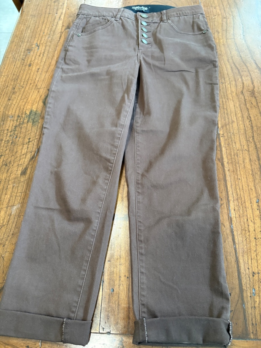 Mac and Me Brown Button Fly Stretch Straight Leg Cuffed Pants Jeans Size 4
